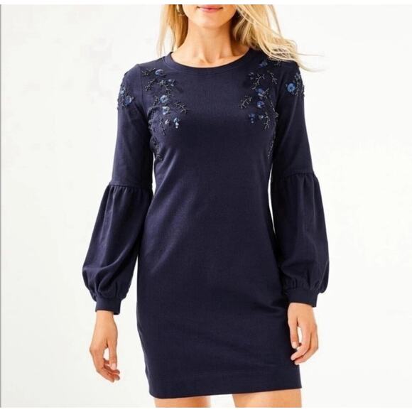 NWT Lilly Pulitzer Bartlett Dress True Navy Blue Size L Beads Sequins - Picture 1 of 11